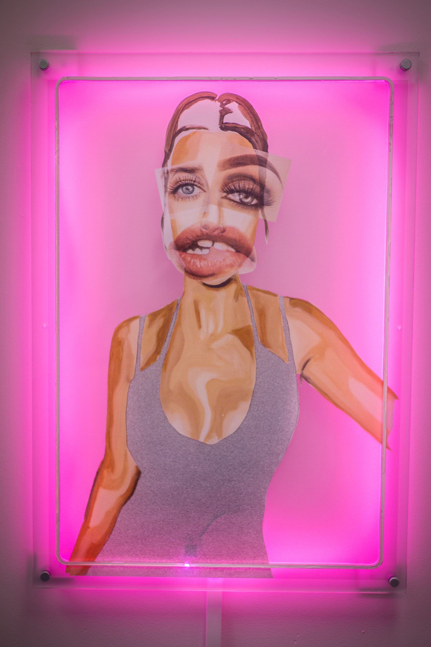 Printed image on acrylic panel, pink LED strip, 59 x 84cm